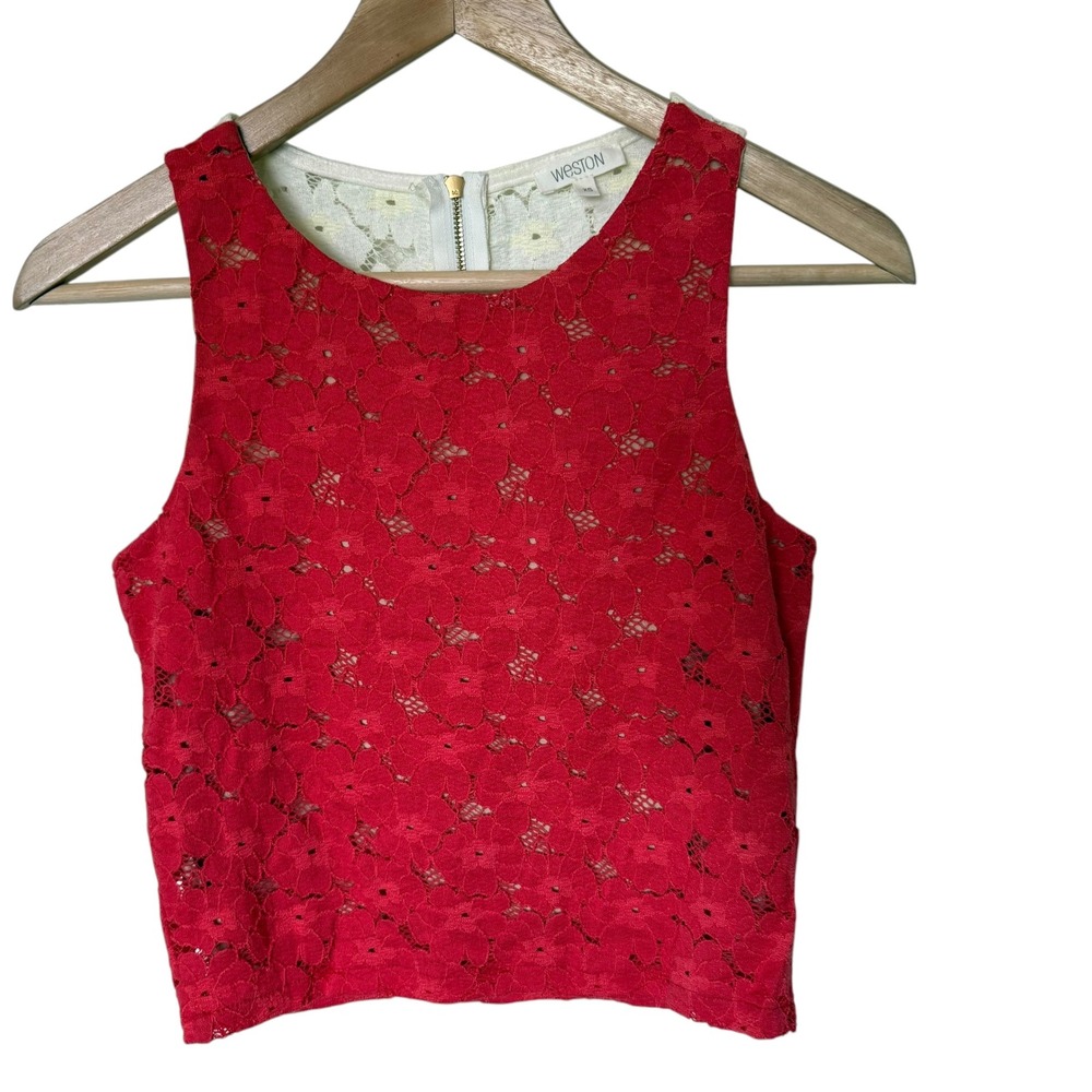Weston Lace Crop Top Women XS Red White Excellent Colorblock Sleeveless Zipper